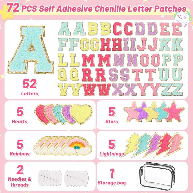 Thrilez Iron on Chenille Letters Patches, 72 Pcs Self Adhesive Patches Alphabets 2.2 Inch Sew on Patches Varsity Initial Fabric Stickers Fuzzy Towel Embroidered Patches for Clothing Caps - Image 3